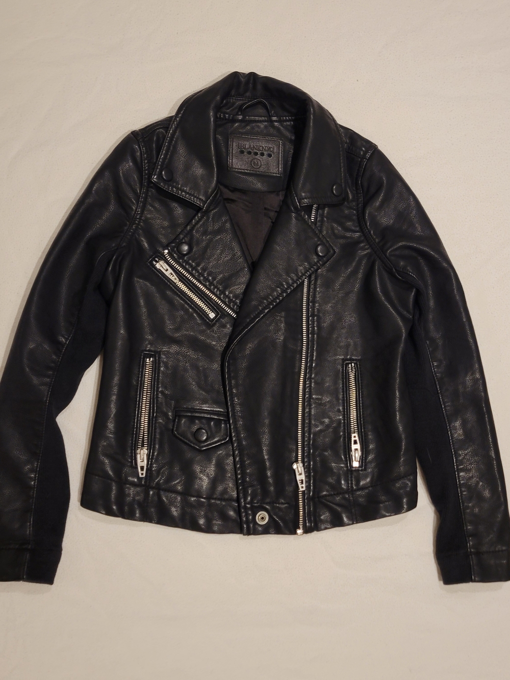 Blank NYC Kids' Black Leather Bomber Moto Jacket, Size Medium